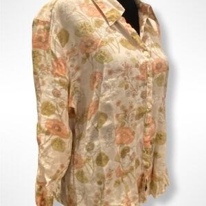 L.L. Bean Pink and Green Long Sleeve Relaxed Blouse with Notched Collar